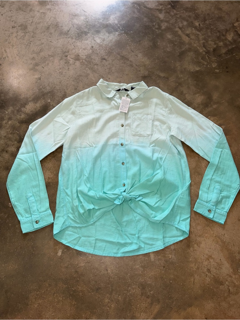 NWT Lands’ End Girls XL 16 Ombre Mint Aqua Button Front Tie Shirt Blue Cotton - Picture 1 of 9